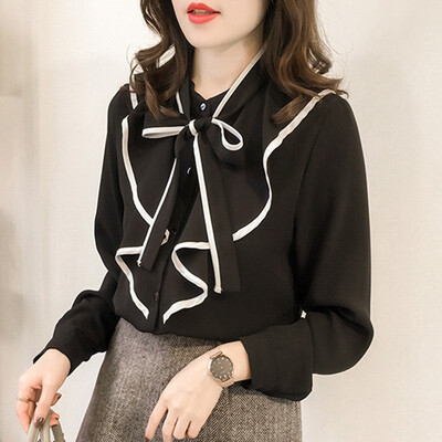 

Women Temperament Lady Cute Bow Long Sleeve Blouse Women Slim Ruffled Chiffon Simple Womens Tops And Blouses 2019 New Fashion