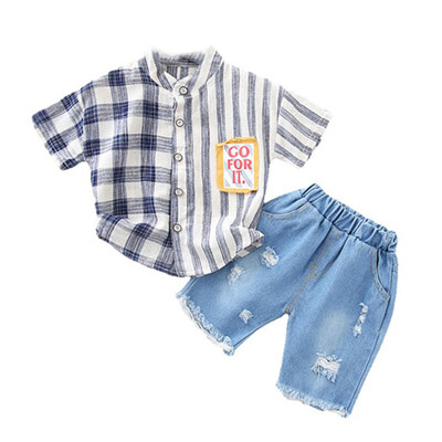 

Kids Boys Set Summer Plaid Striped Print Short Sleeve Tops Blouse T-shirtShorts Casual Outfits Sets