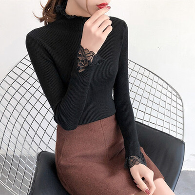

Autumn Winter Women Sweaters Lace Patchwork Knitted Pullover Women Turtleneck Lady Pullovers Female Jumper Pull Femme