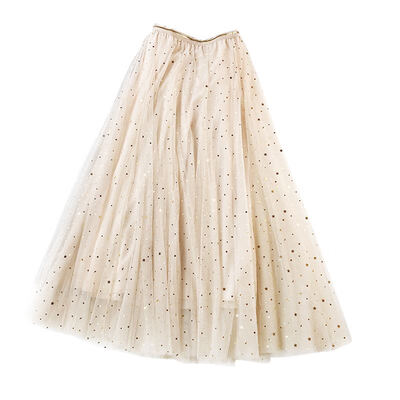 

Fairy Tulle Skirt Women Shiny Five-pointed Three-layer Mesh Autumn Korean Elegant High Waist Pleated Midi Skirt Female