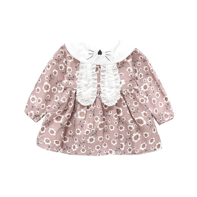 

Autumn Casual Baby Girls Long Sleeve Floral Print Dress Kids Sundress With Cute Rabbit Bags