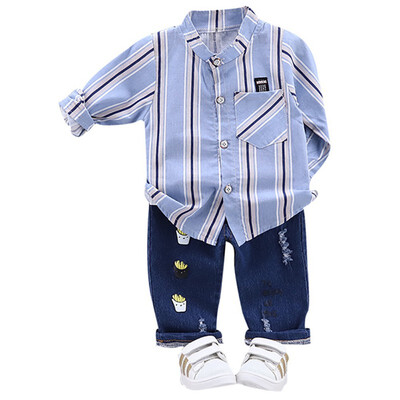 

Baby Boys clothes Autumn Casual Set Long Sleeve Striped Print Shirt TopsCartoon Denim Pants Trouser Set Kids Clothes 2pcs