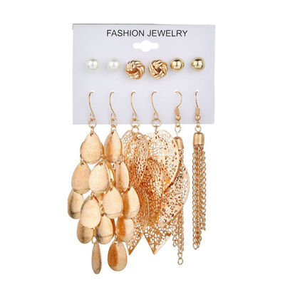 

6 Pairs Leaf Shaped Women Girl Hollow Earrings Metal Plating Dangle Ear Loop Personality Fashion Jewerly
