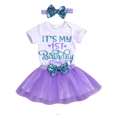 

3PCSSets For Infant Baby Girls Cute Letter Print Romper TopsBow Mesh Skirt with Headband Children Clothing Sets