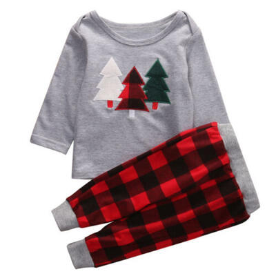 

Toddler Kid Baby Boy Girl Xmas Tree Tops T Shirt Plaid Pants Clothes Outfits Set