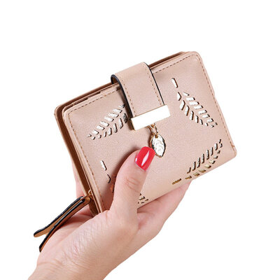 

Women Hollow Leaf Zipper Buckle Faux Leather Cash Card Holder Purse Short Wallet