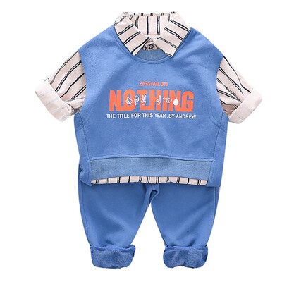 

Autumn Baby Boy Cute Long Sleeve Handsome Striped Print Shirt Letters Sleeveless Sweatshirt Trousers Casual Outfits