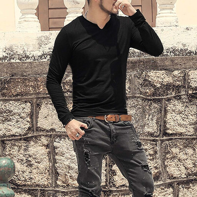 

Toponeto Men Autum Winter Long Sleeve V-neck Solid Outwear Tops Blouse