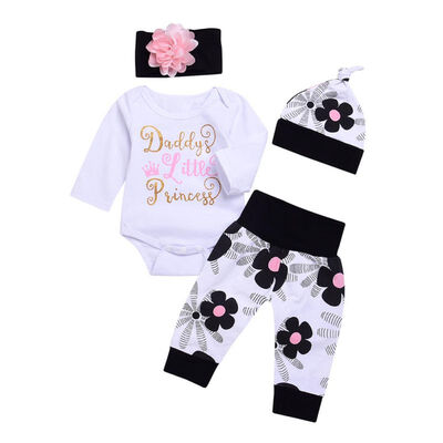 

Newborn Baby Girl Long Sleeve Cotton Romper Outfit Toddler Childrens Clothing Tops Flower Pants Headband Hat 4 Pieces Set