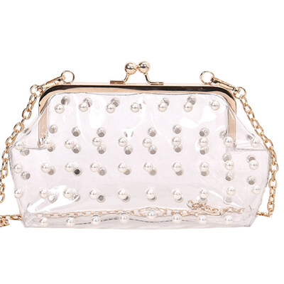 

Fashion Transparent Faux Pearl Kiss Lock Women Chain Crossbody Shoulder Bag