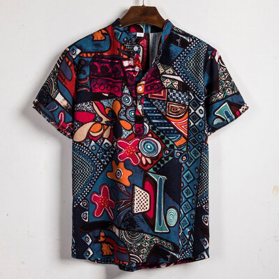 

Toponeto Mens Ethnic Short Sleeve Casual Cotton Linen Printing Hawaiian Shirt Blouse