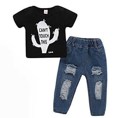 

Summer Boys Clothes Set Casual Cactus Letter Print T-shirtHoles Jeans Kid Clothes Suit Hot Child Clothing