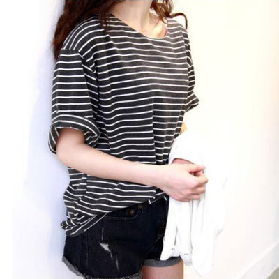 

2017 Summer Short Sleeve Women Loose Stripe T Shirt Casual Cotton Tops Women T-shirt -XXL P2