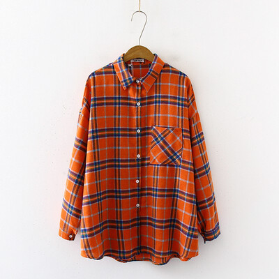 

Women Plaid Shirts Oversize Single Breasted Autumn Long Sleeve Korean Blouse Female Loose Trendy Retro BF Tops