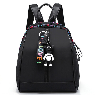

New Fashion Women Nylon Backpack Small Black Backpack Travel Girl Travel Shoulder Bag With Bear Pendant Love Ribbon