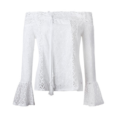 

Off Shoulder Floral Lace White Blouse Women Top Hollow Out flare Sleeve Ladies Blouse Shirt Women Sexy Chemise Blusas