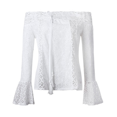 

Off Shoulder Floral Lace White Blouse Women Top Hollow Out flare Sleeve Ladies Blouse Shirt Women Sexy Chemise Blusas