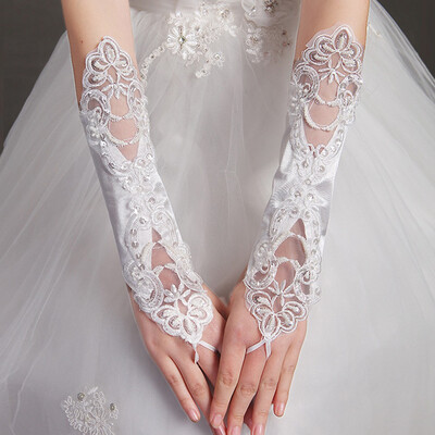 

Satin Bridal Lace Gloves Long Gathered And Beaded Gloves Accessory Party