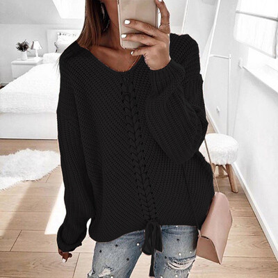 

Women V Neck Long Sleeve Sweater Lace Up Knitted Jumper Plus Size Pullover Tops