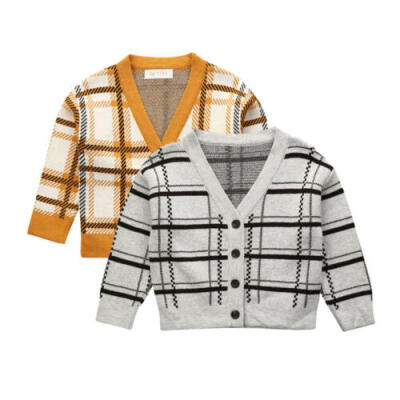 

UK Toddler Baby Boy Girl V neck Knitted Plaid Sweater Cardigan Coat Outwear Gray