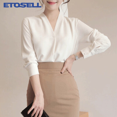 

ETOSELL Hem V-neck simple long-sleeved chiffon shirts Office Lady Solid Long Sleeve Slim Pullovers Female Blouses