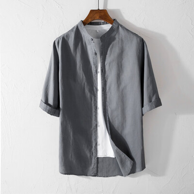 

Toponeto Mens Causal Shirt Half Sleeve Top Button Cotton Linen Solid Color Loose Blouse