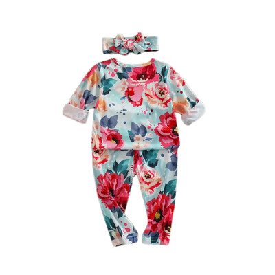 

Spring Autumn Casual Baby Cute Flower Printing Long Sleeve Top And Trousers And Headband Kids Two-piece Outfit Set