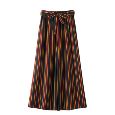 

Stripe casual pants women bottom Sash high waist wide leg pants Elastic summer beach trousers female spring