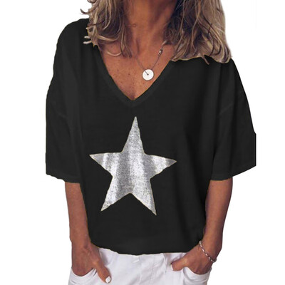 

Plus Size Tops Women Fashion T Shirt Women Sequins V-Neck Five-Pointed Star Print Tee Female Short Sleeve Street Tee Shirt