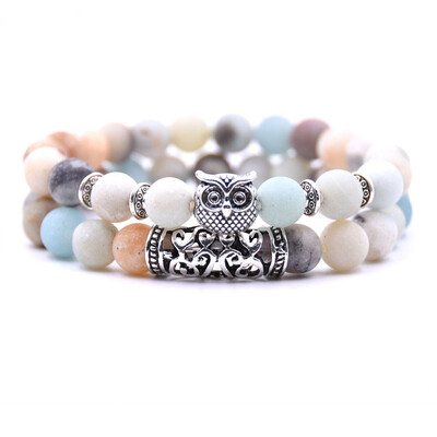 

18 Colors 2PcsSet Owl Lava Stone Bracelet Set Tiger Eye Stone Charm Bracelets Bangles