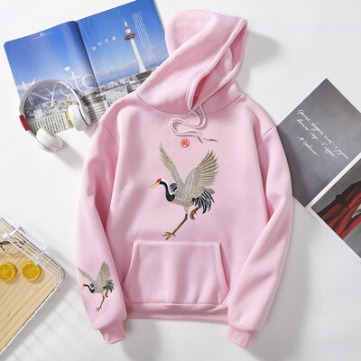 

Autumn Women Sweatshirt Winter New Embroidered Crane Thick Hoodies Harajuku Long Sleeve Hooded Pullovers 2019 New Tops