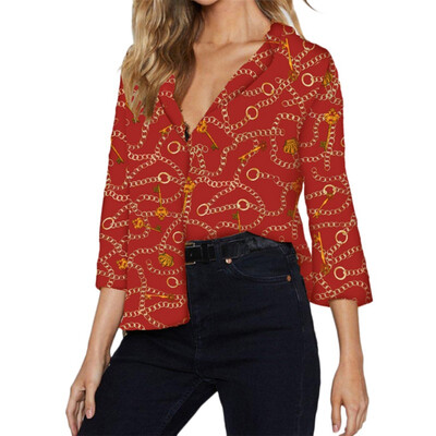 

2019 New Women Blouses Chain Print Summer Chiffon Blouse Turn Down Collar Office Shirts Loose Casual Tops Blusas Chemise femme