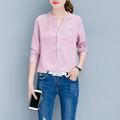 

Newest Sexy Thin Striped V Neck Button Blouses Fashion Women Cotton Blusas Long Sleeve Womens Shirt Spring Summer Casual Blusas