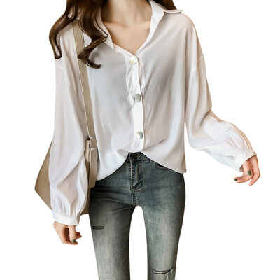 

New Blouses Women Autumn Button Turn-down Collar Solid Color Shirts Tops Loose Long Sleeve White Blouse