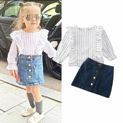 

UK Infant Baby Girl Kid Striped T-shirt Button Denim Skirt Outfit Clothes Sets