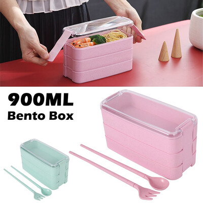 

900ml Healthy Material Lunch Box 3-Layer Wheat Straw Bento Boxes Dinnerware Food Storage Container Lunchbox