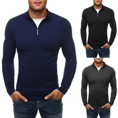 

Mens Knitted Sweater V-neck Tops Pullover Slim Fit Knitwear Long Sleeve Zipper