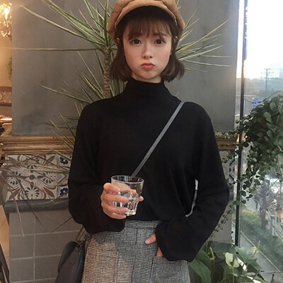 

Women Thin Tops Autumn Winter Fashion Long Sleeve Solid Half Turtleneck Loose Pullovers Tops