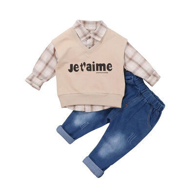 

2Pcs New Autumn Baby Boy Girl Long Sleeve Plaid Shirt Letters Print Vest Denim Trousers Casual Outfits Boy Casual Pants Sets