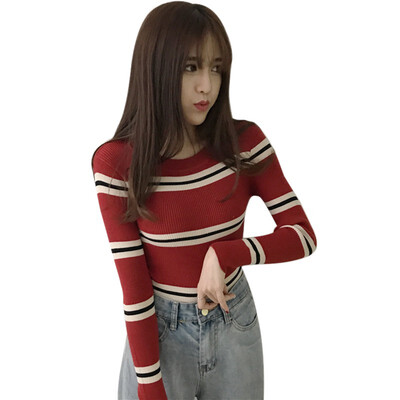 

Korean Style Round Neck Soild Color Stripes Sweater Slim Thin Long-sleeved Knit Sweater Black Code