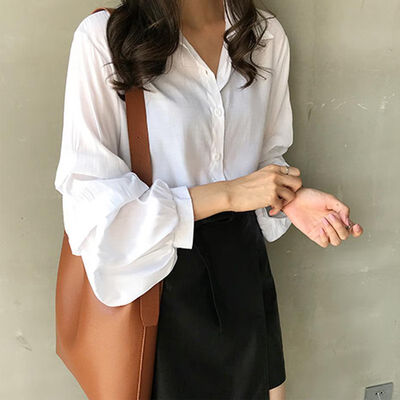 

Women Spring Autumn Blouse Tops Fashion Puff Long Sleeve V-Neck Blouse Women Solid Casual Loose Korean Shirts