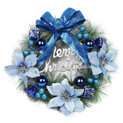 

40cm Christmas Wreath With Merry Christmas Sign Decorative Balls Poinsettia And Bowknot Holiday Front Door Wall Window