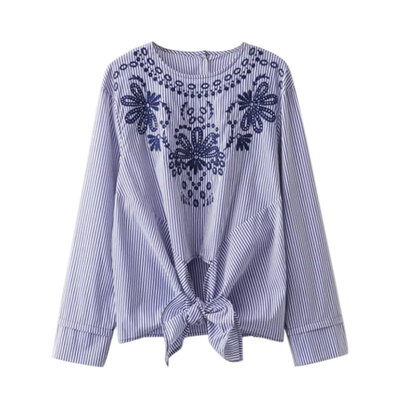 

Women Cotton Embroidered Blouses Blue Striped Long Sleeve Shirt Turn-down Collar Autumn Tops Camisas Femininas Blusa Bordada