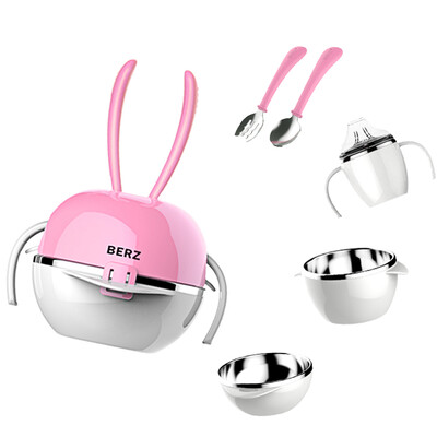 

5Pcs Stainless Steel Dinnerware Set Stack-up Portable Baby Tableware Kids Cups Plates Bowls Fork Spoon Pink Rabbit