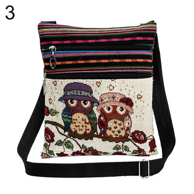 

Colorful Linen Cartoon Owl Embroidery Shoulder Bag Zipper Women Crossbody Pouch
