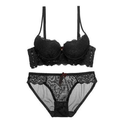 

Women Bra Sexy Lingerie Solid Color Lace Bow Openwork Flanking Gathering Half Cup Bra Panties Set