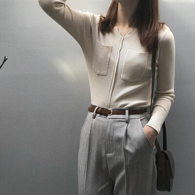 

EFINNY Korean Style Pockets Solid Color Sweater Sexy Slim V-neck Long-sleeved Women Autumn Knitted Pullover