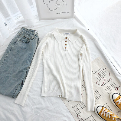 

Female Knit Tops New Fashion Button Turn down Sweater Women Spring Autumn Solid Knitted Pullover femme Slim Soft Jumper Sweater