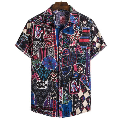 

Toponeto Mens Vintage Ethnic Style Printing Loose Short Sleeve Stand Collar Casual Shirt