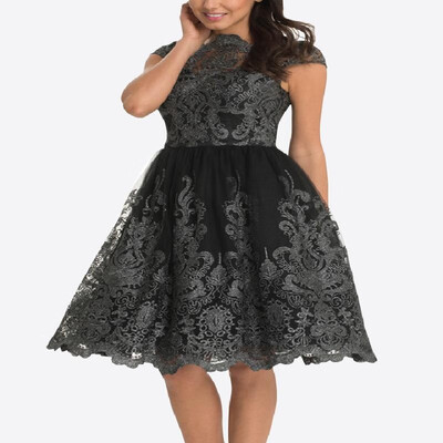 

Stretch Gauze Embroidery Corset Overlay Eyelets Hem Skater Dress